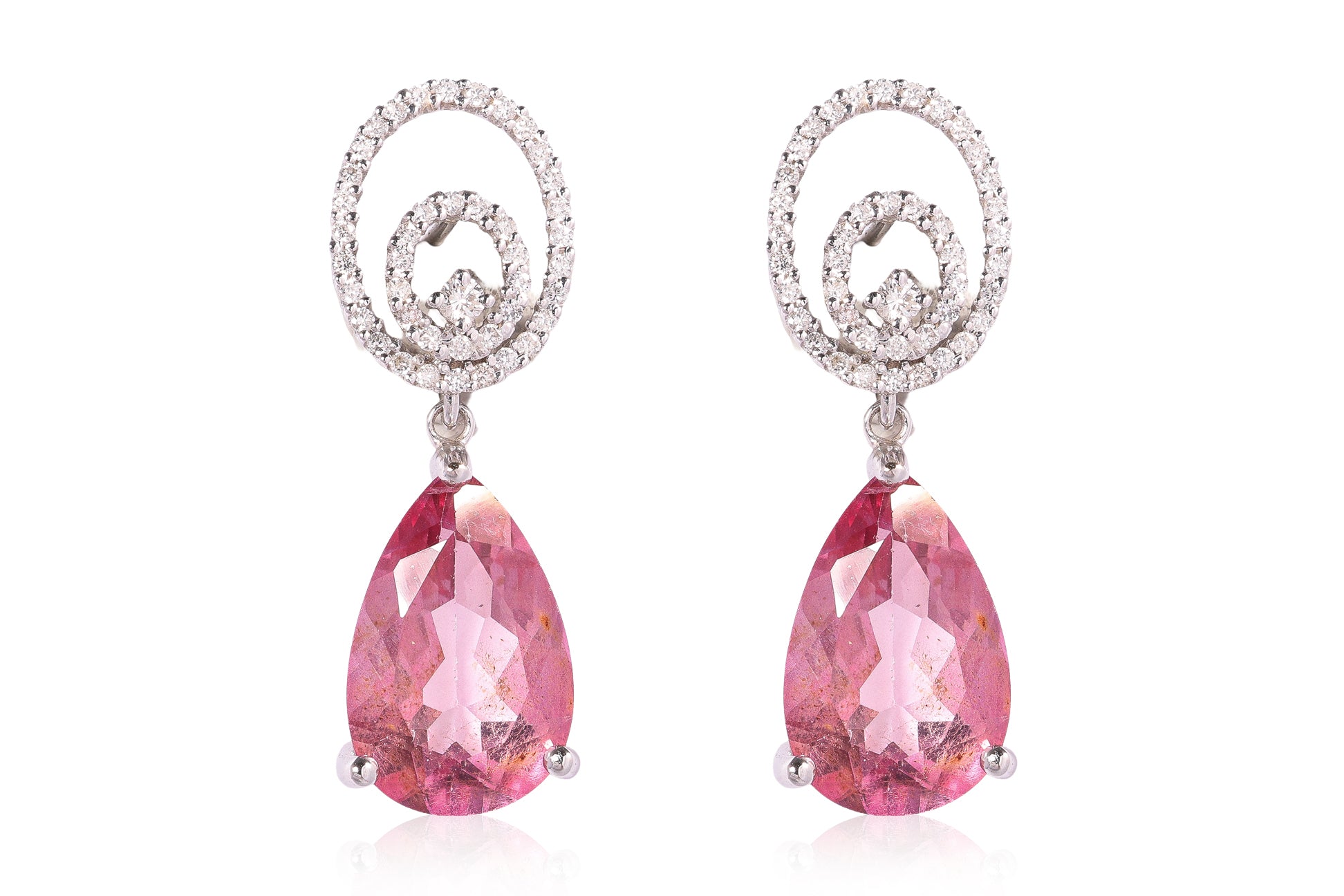 A PAIR OF COATED PINK TOPAZ AND DIAMOND EARRINGS