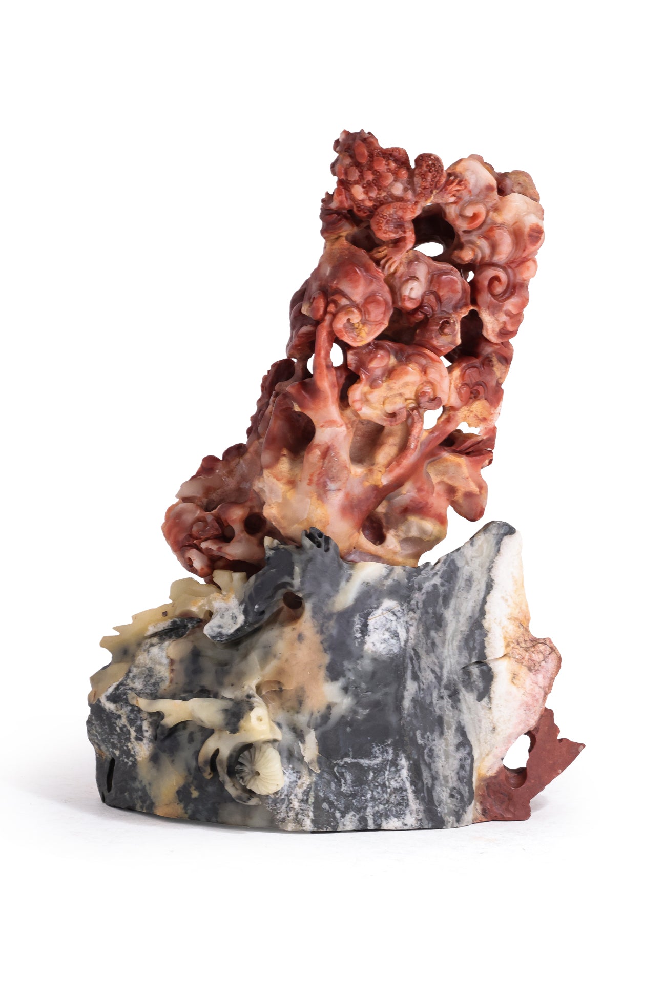 A SHOUSHAN STONE MODEL OF LUCKY TOADS, LINGZHI, AND PINE TREES