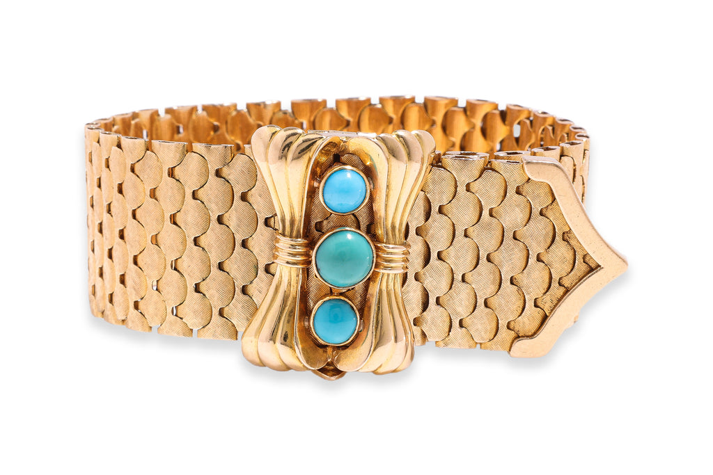 A TURQUOISE AND TEXTURED GOLD 'BELT' BRACELET