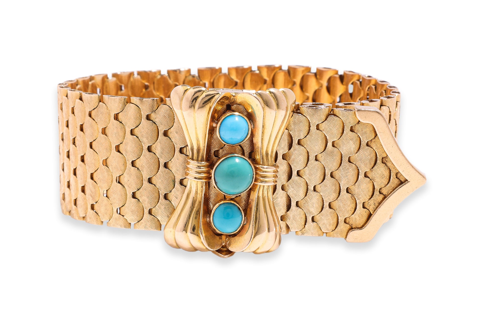 A TURQUOISE AND TEXTURED GOLD 'BELT' BRACELET