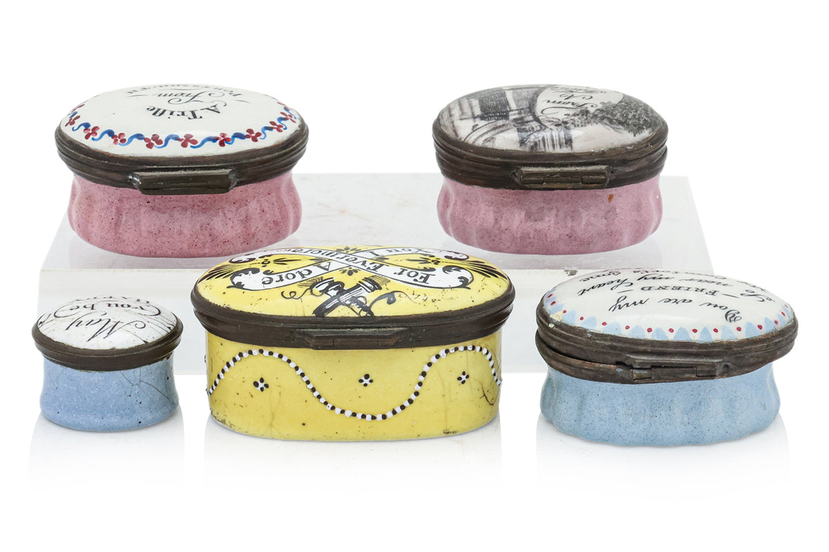 A GROUP OF FIVE BILSTON ENAMEL BOXES
