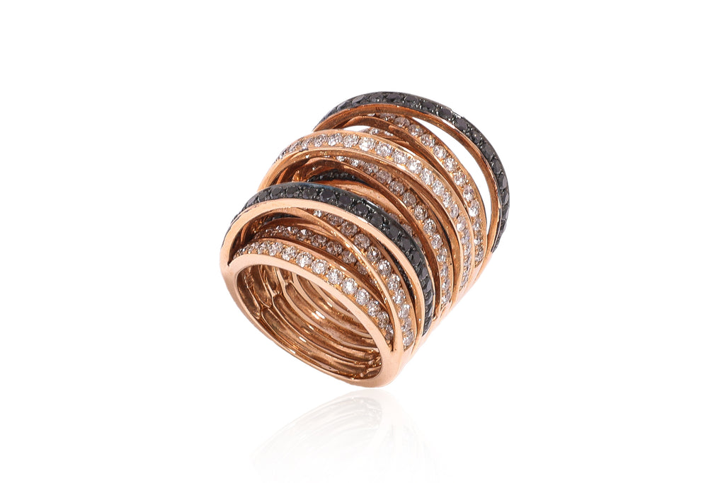 A MULTI-ROW DIAMOND AND BLACK DIAMOND BRACELET WITH MATCHING RING