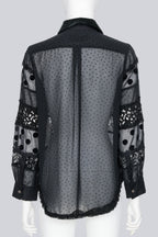 COMME DES GARCONS TRICOT - A 2017 BLACK SHEER POLKA DOT AND LACE BLOUSE WITH A VELVET COLLAR