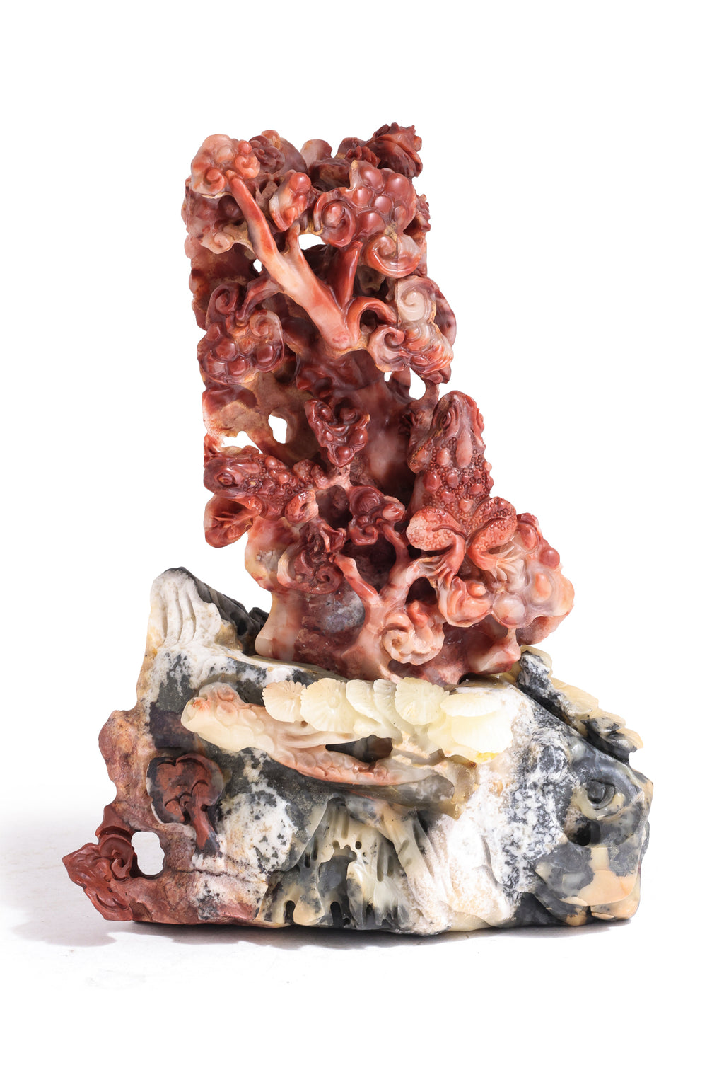 A SHOUSHAN STONE MODEL OF LUCKY TOADS, LINGZHI, AND PINE TREES