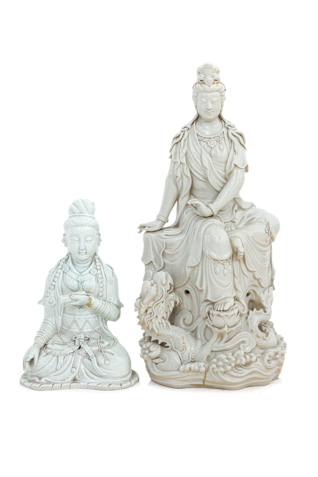 TWO BLANC DE CHINE GLAZED GUANYIN FIGURES
