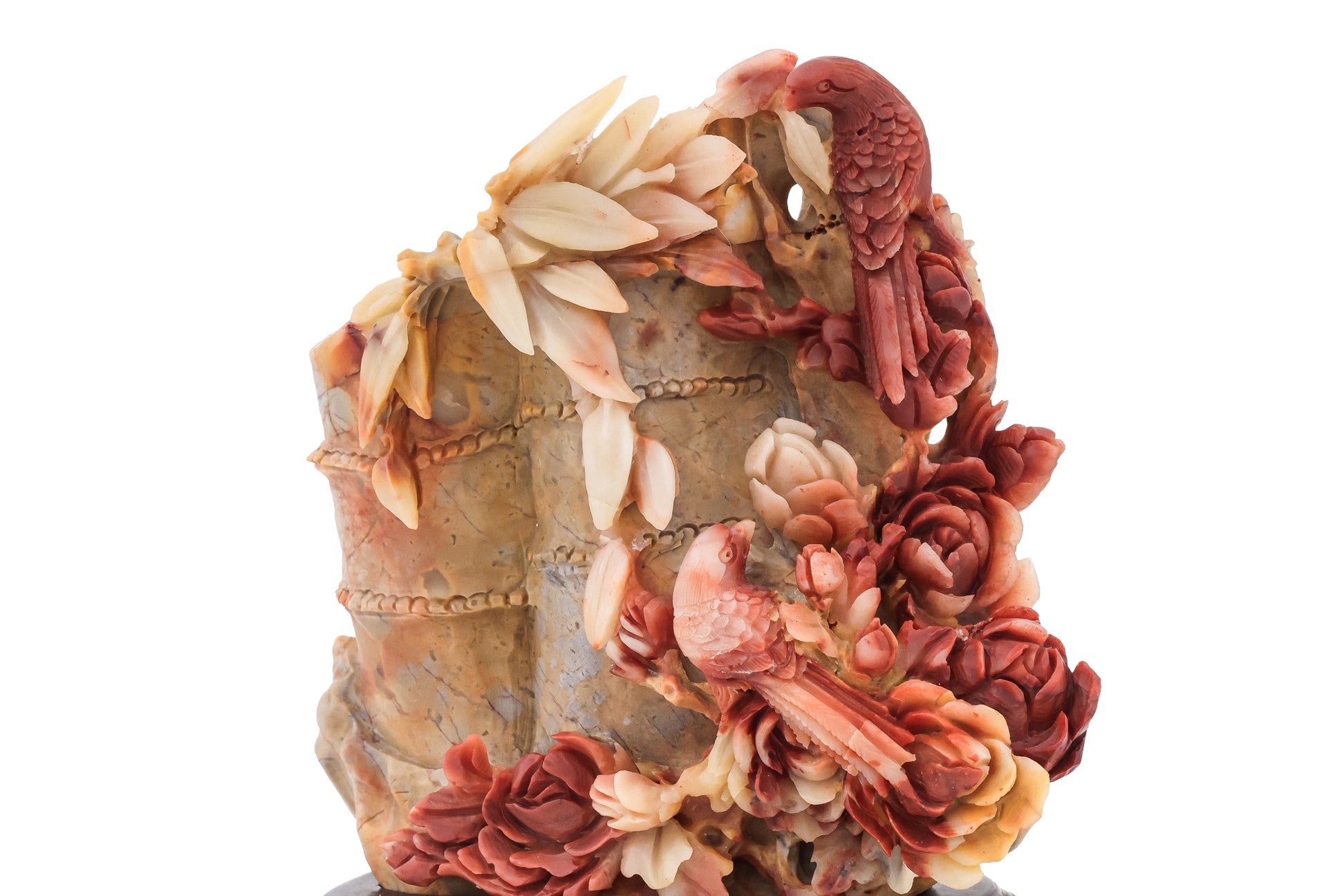 A SHOUSHAN STONE MODEL OF BAMBOO WITH BIRDS AND PEONIES