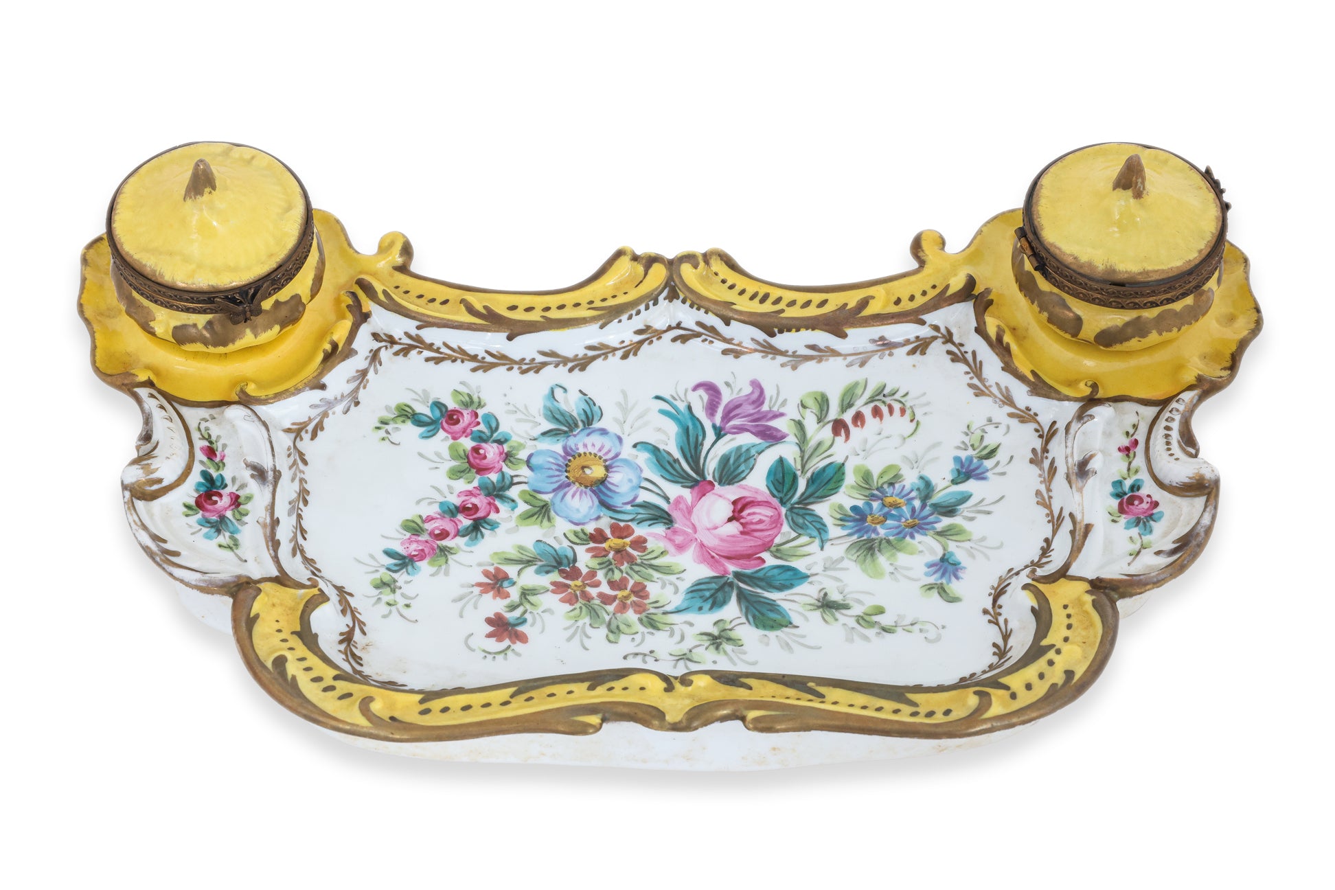 A SEVRES STYLE YELLOW GROUND PORCELAIN INK STAND