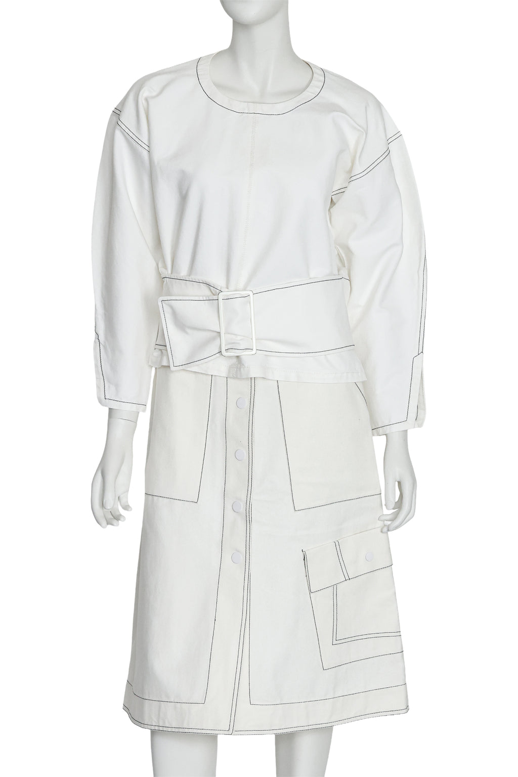 3.1 PHILLIP LIM - A WHITE TOP AND SKIRT ENSEMBLE WITH CONTRAST STITCHING