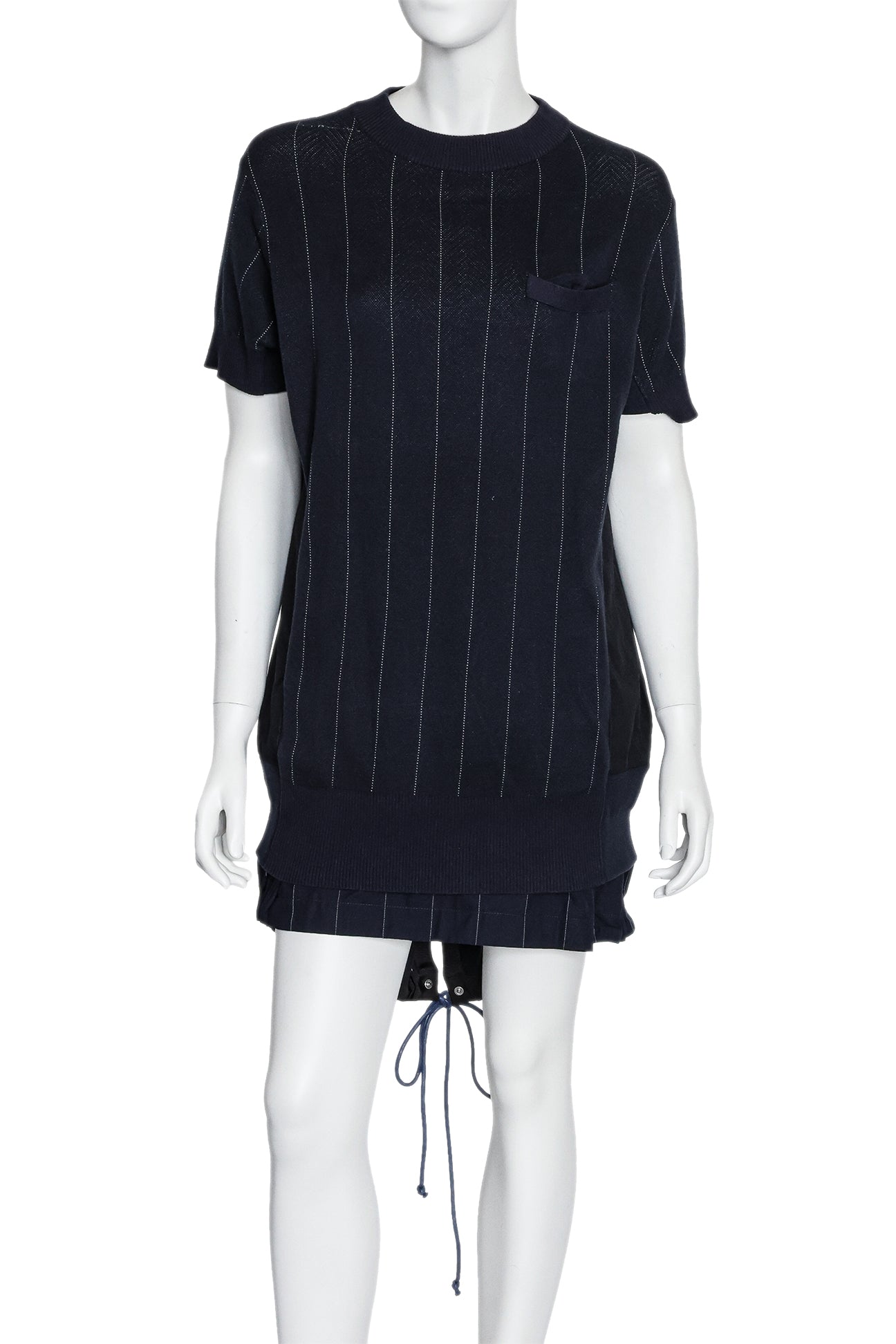 SACAI - A BLACK PINSTRIPE SHORT SLEEVE DRESS WITH LAYERED HEM AND TIE