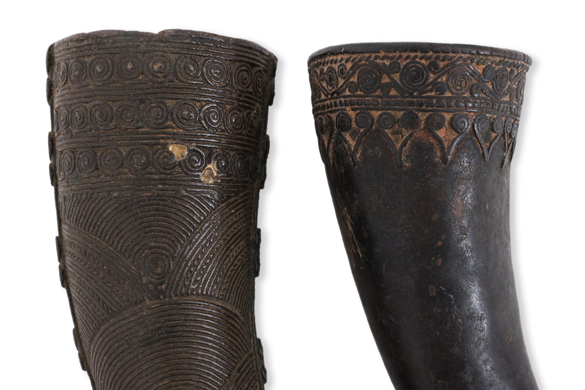 TWO SOUTHEAST ASIAN BRONZE 'RHYTON' DRINKING VESSELS AND A LADLE