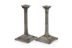 A PAIR OF ENGLISH SILVER PLATED CORINTHIAN COLUMN CANDLESTICKS