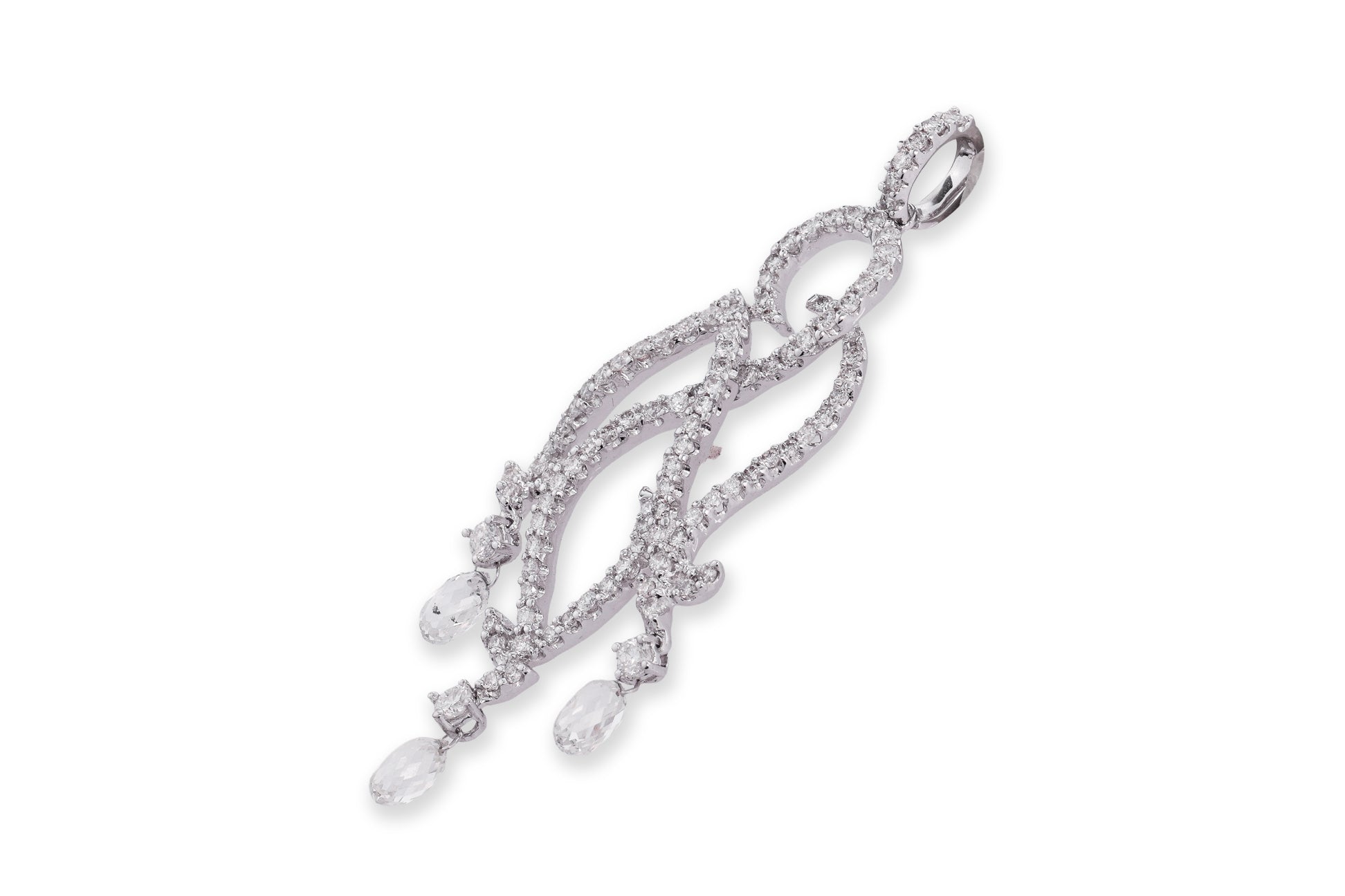 A BRIOLETTE DIAMOND AND DIAMOND PENDANT