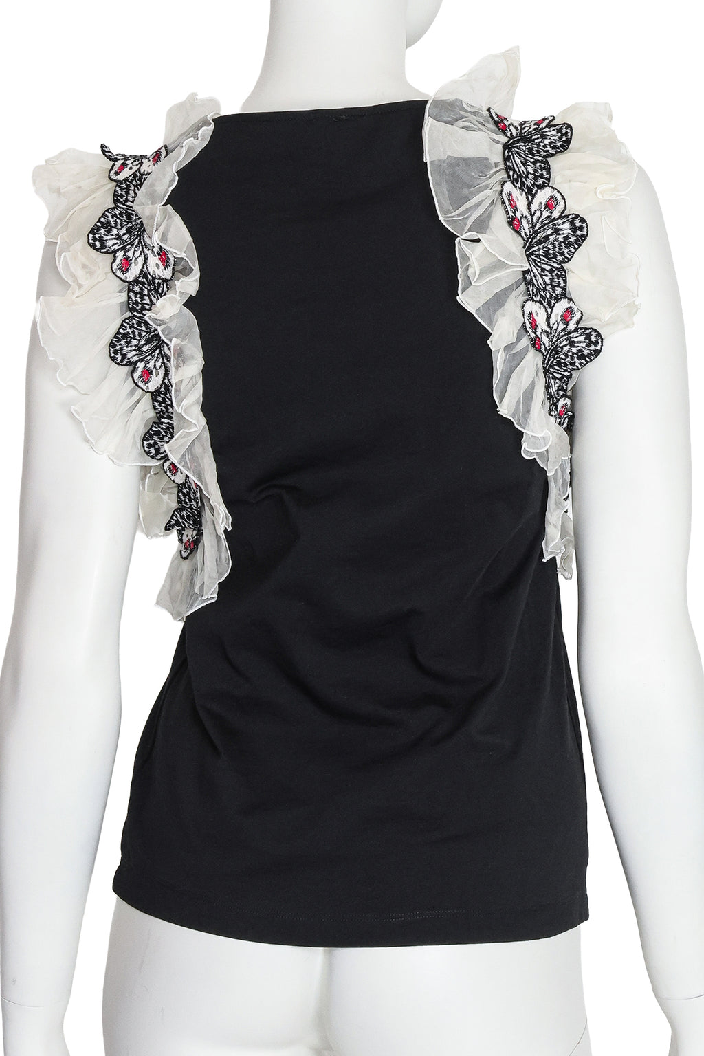 GIAMBA - A BLACK COTTON BLOUSE WITH EMBROIDERED BUTTERFLY SILK INSERTS