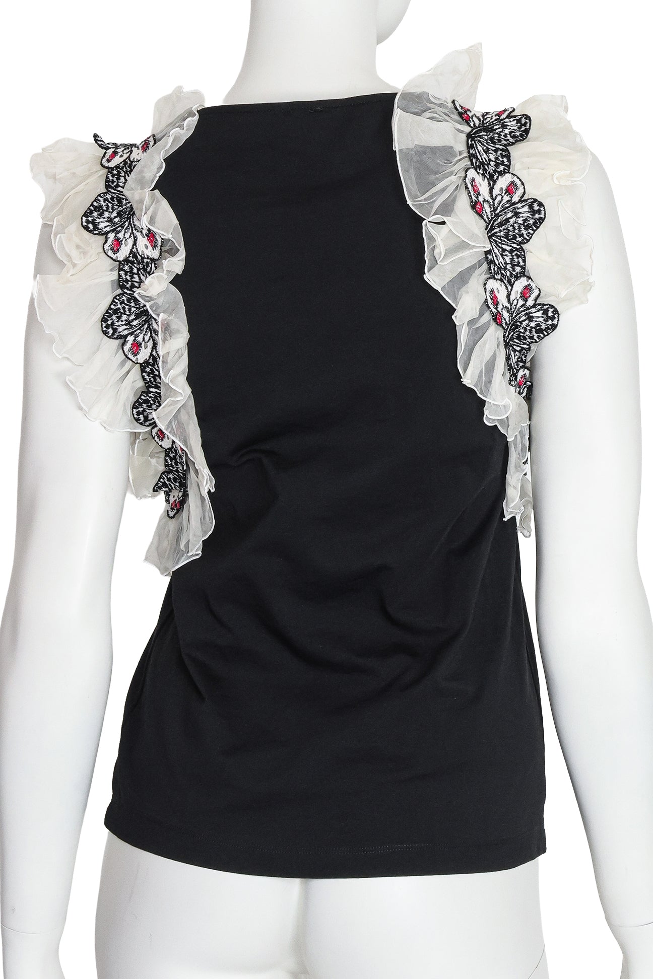 GIAMBA - A BLACK COTTON BLOUSE WITH EMBROIDERED BUTTERFLY SILK INSERTS