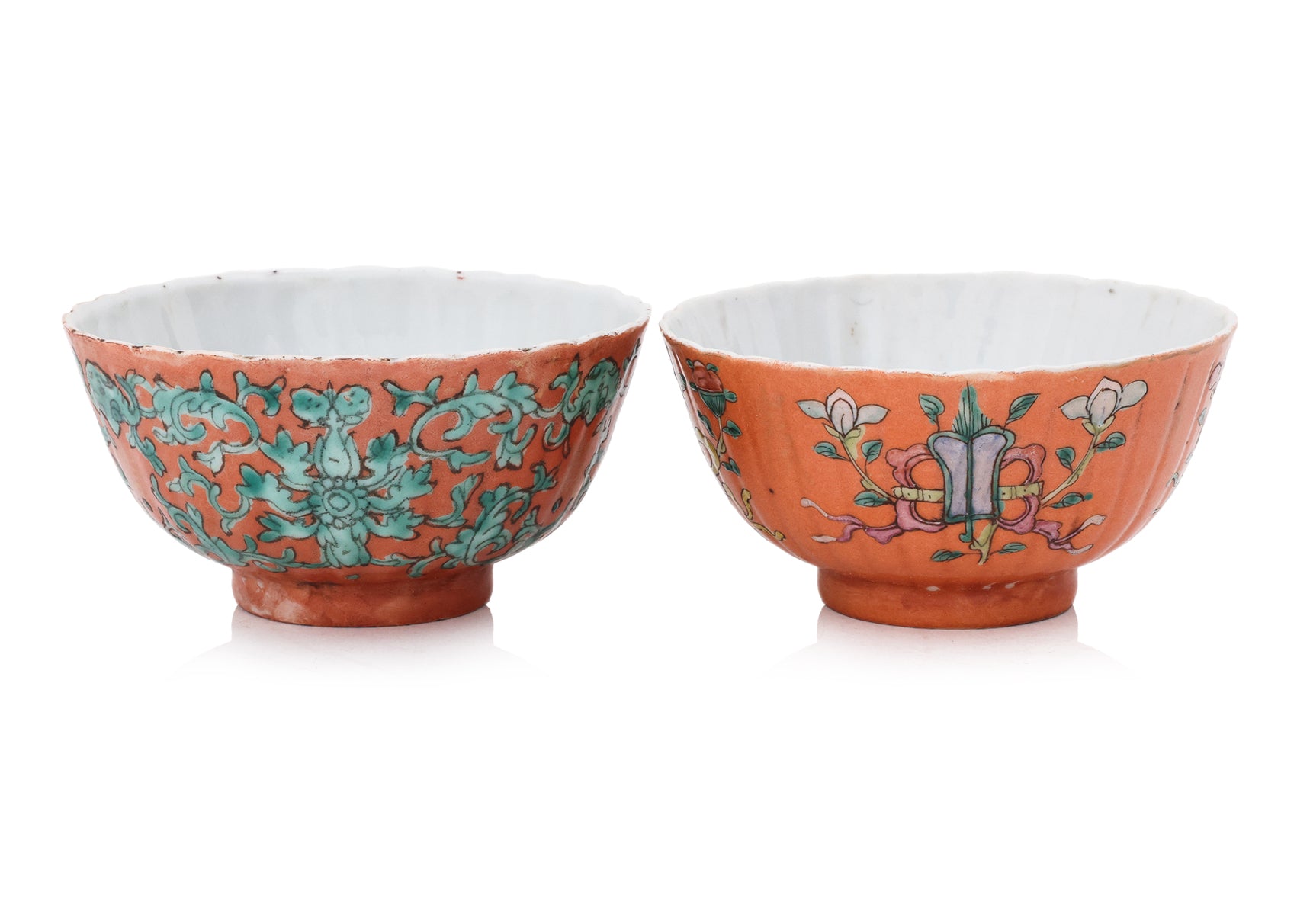 TWO FAMILLE ROSE CORAL GROUND 'SHOU' BOWLS