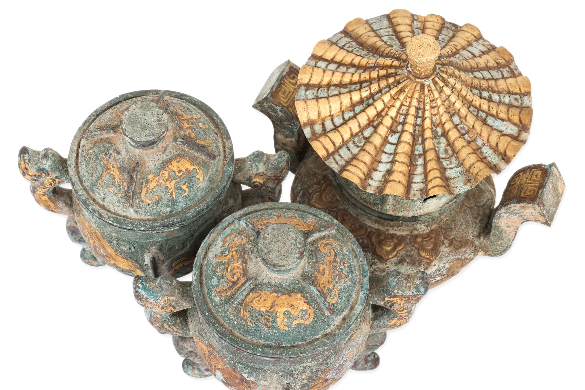 THREE GILT BRONZE CENSERS