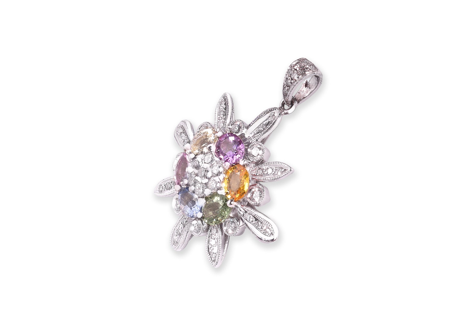 A MULTI-COLOUR SAPPHIRE AND DIAMOND 'FLOWER' PENDANT
