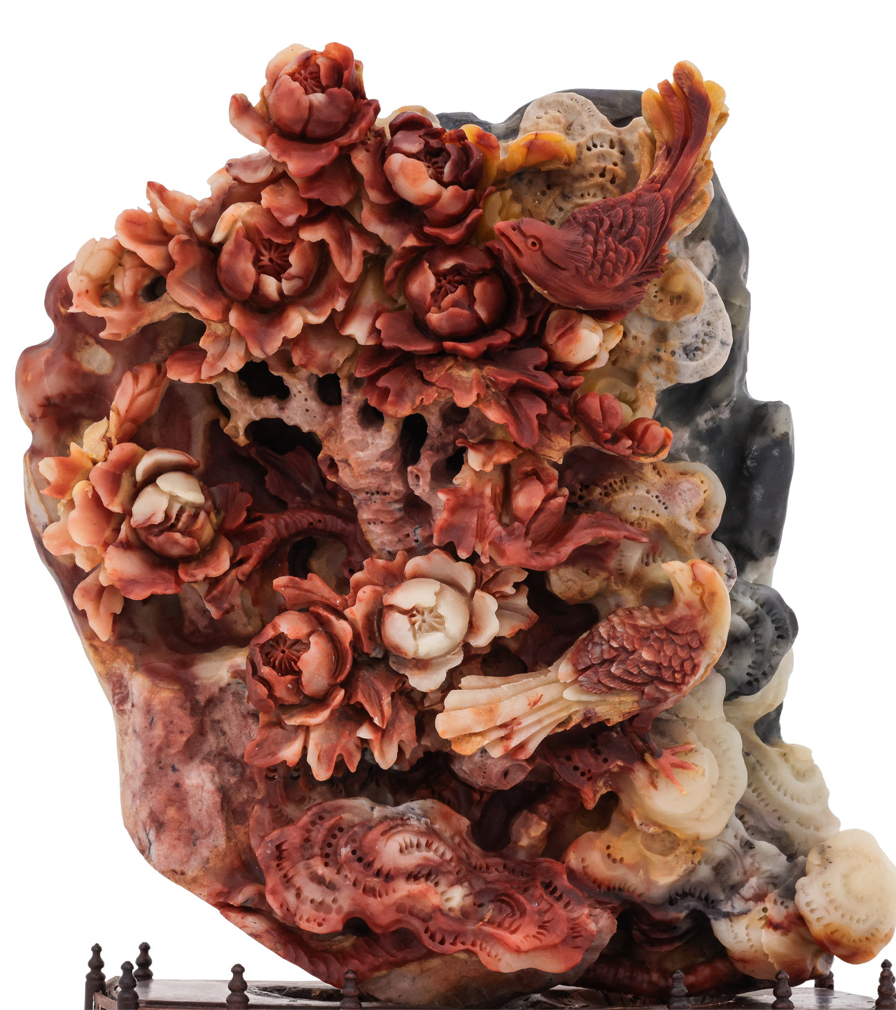 A SHOUSHAN STONE BIRD AND PEONY GROUP