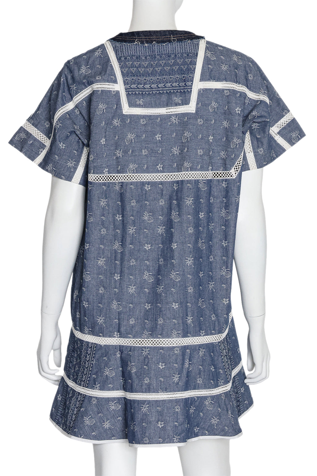 SACAI - A BLUE COTTON AND LINEN DRESS WITH DISTRESSED DENIM COLLAR
