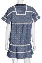 SACAI - A BLUE COTTON AND LINEN DRESS WITH DISTRESSED DENIM COLLAR