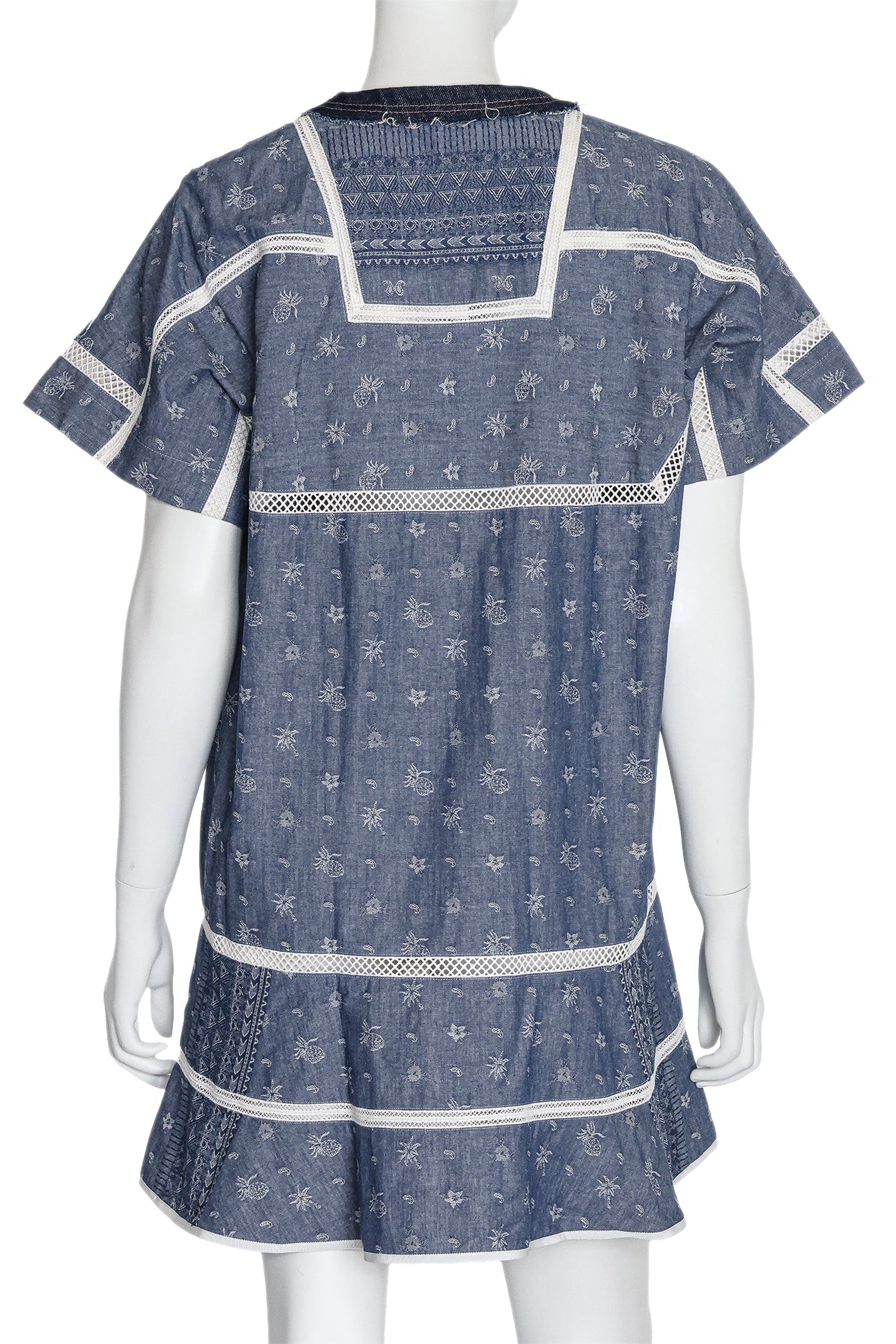 SACAI - A BLUE COTTON AND LINEN DRESS WITH DISTRESSED DENIM COLLAR