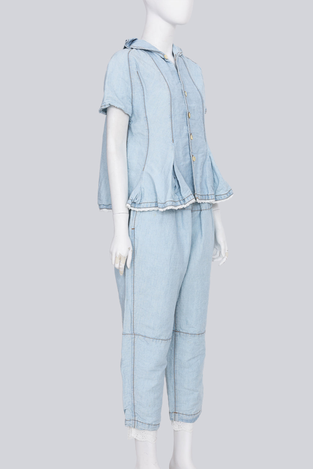 COMME DES GARCONS TRICOT - A 2014 LINEN-COTTON BLEND BLUE BLOUSE AND MATCHING TROUSER ENSEMBLE