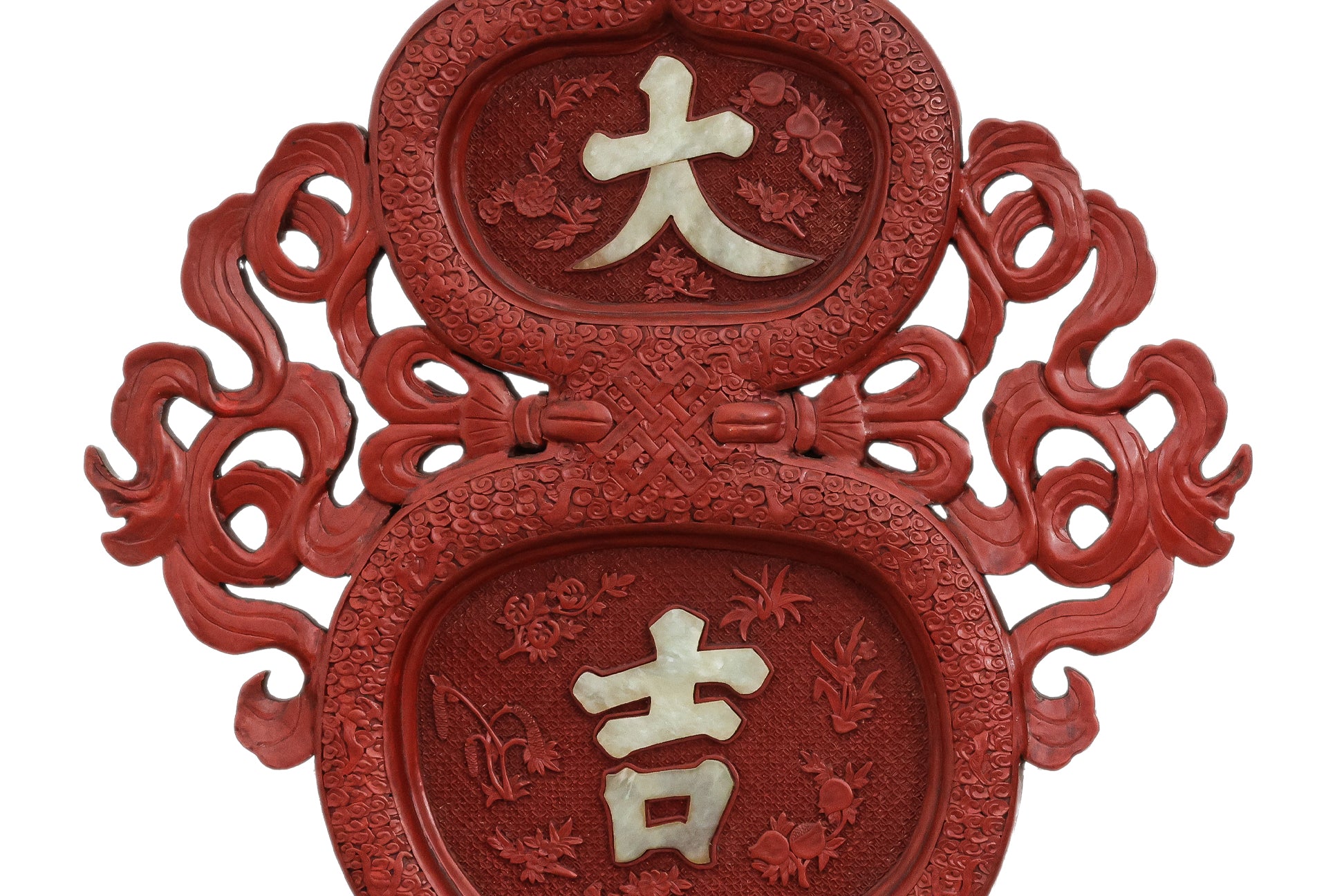 A LARGE PAIR OF JADE INSET CARVED LACQUER DOUBLE GOURD PLAQUES