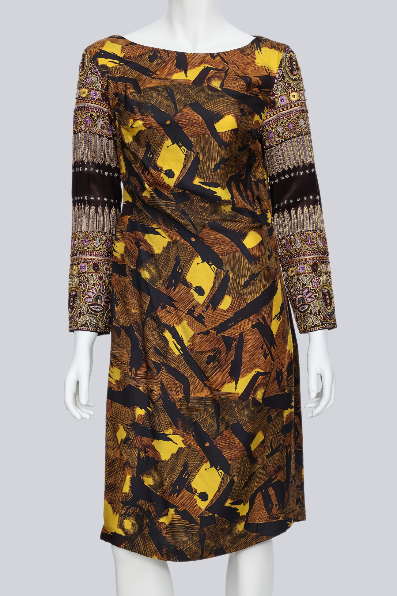 DRIES VAN NOTEN - A LONG SLEEVE ABSTRACT PRINT SILK DRESS WITH EMBROIDERED SLEEVES