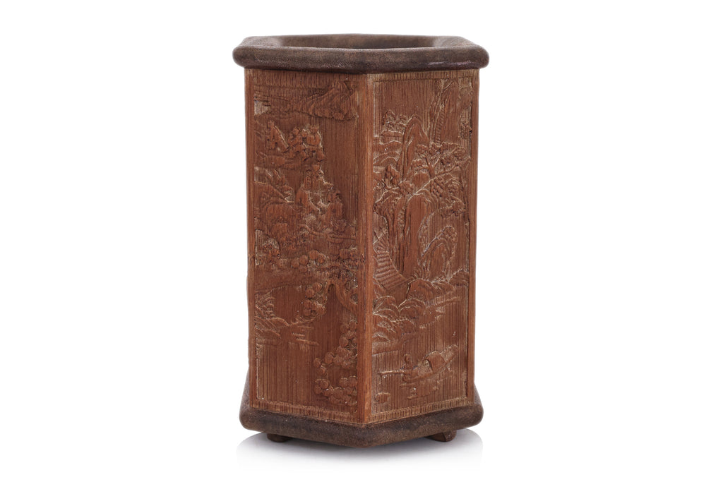 A HEXAGONAL BAMBOO AND HARDWOOD BRUSHPOT