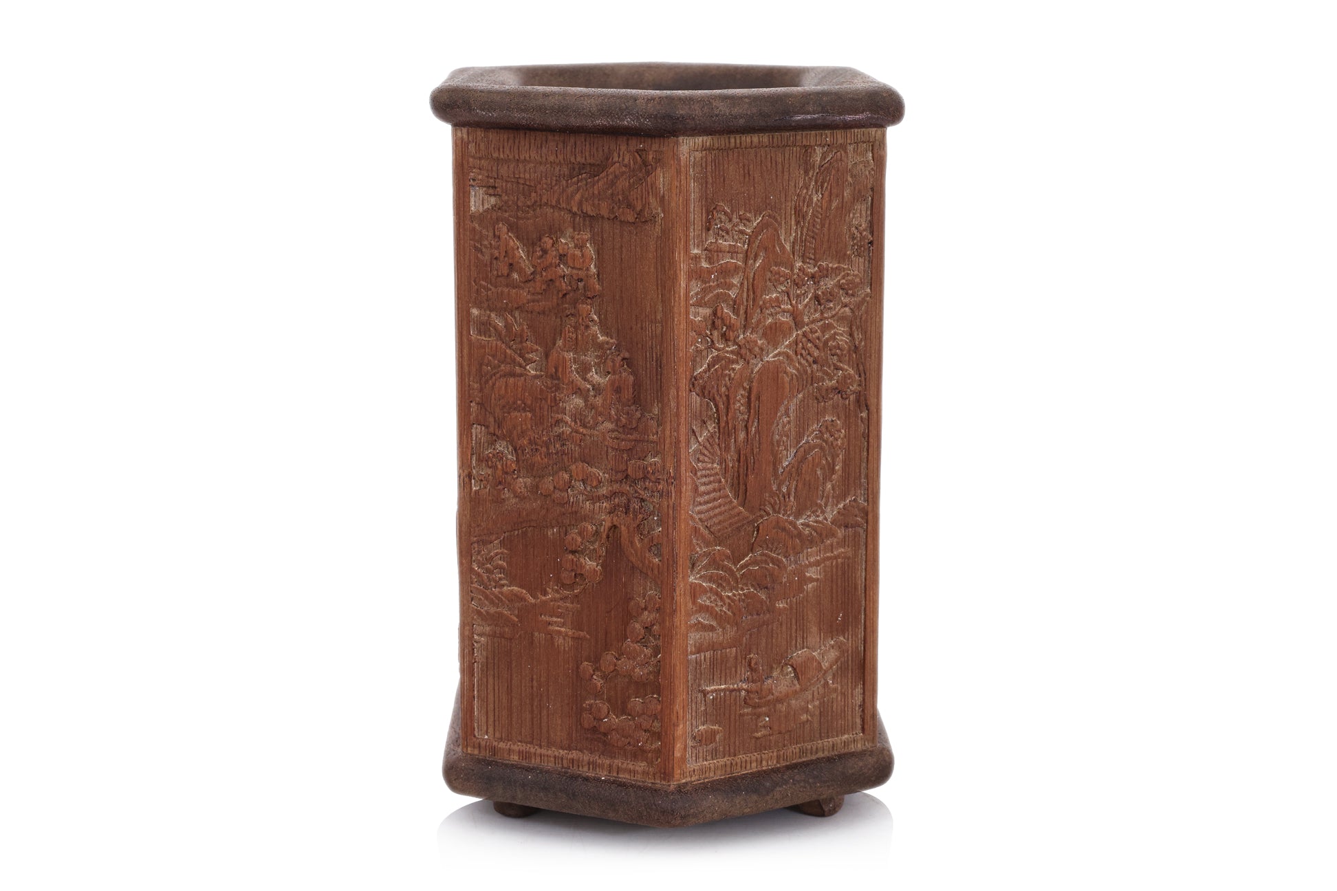 A HEXAGONAL BAMBOO AND HARDWOOD BRUSHPOT