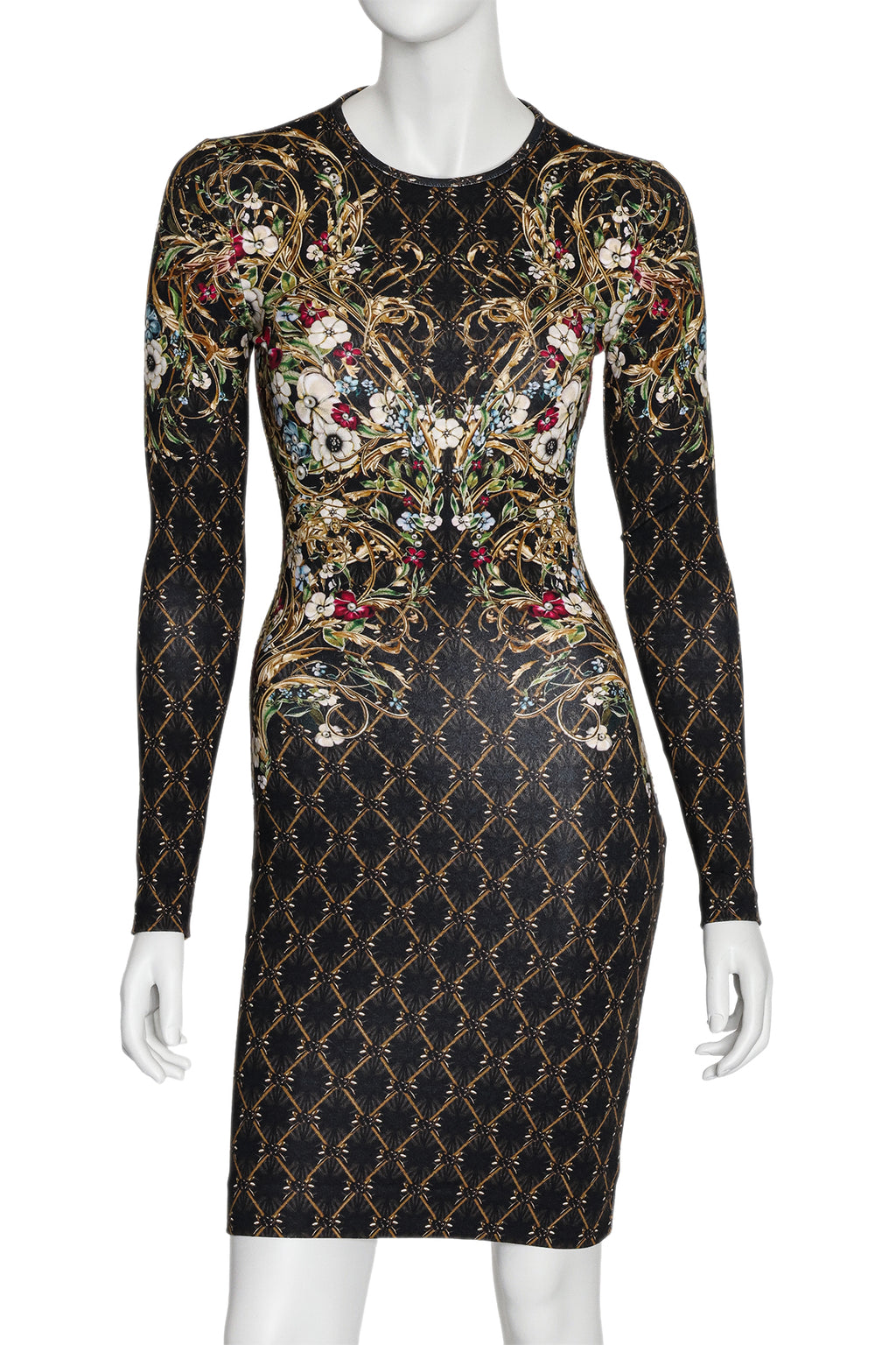 ALEXANDER MCQUEEN - A MIRRORED BAROQUE FLORAL PRINT LONG SLEEVE DRESS