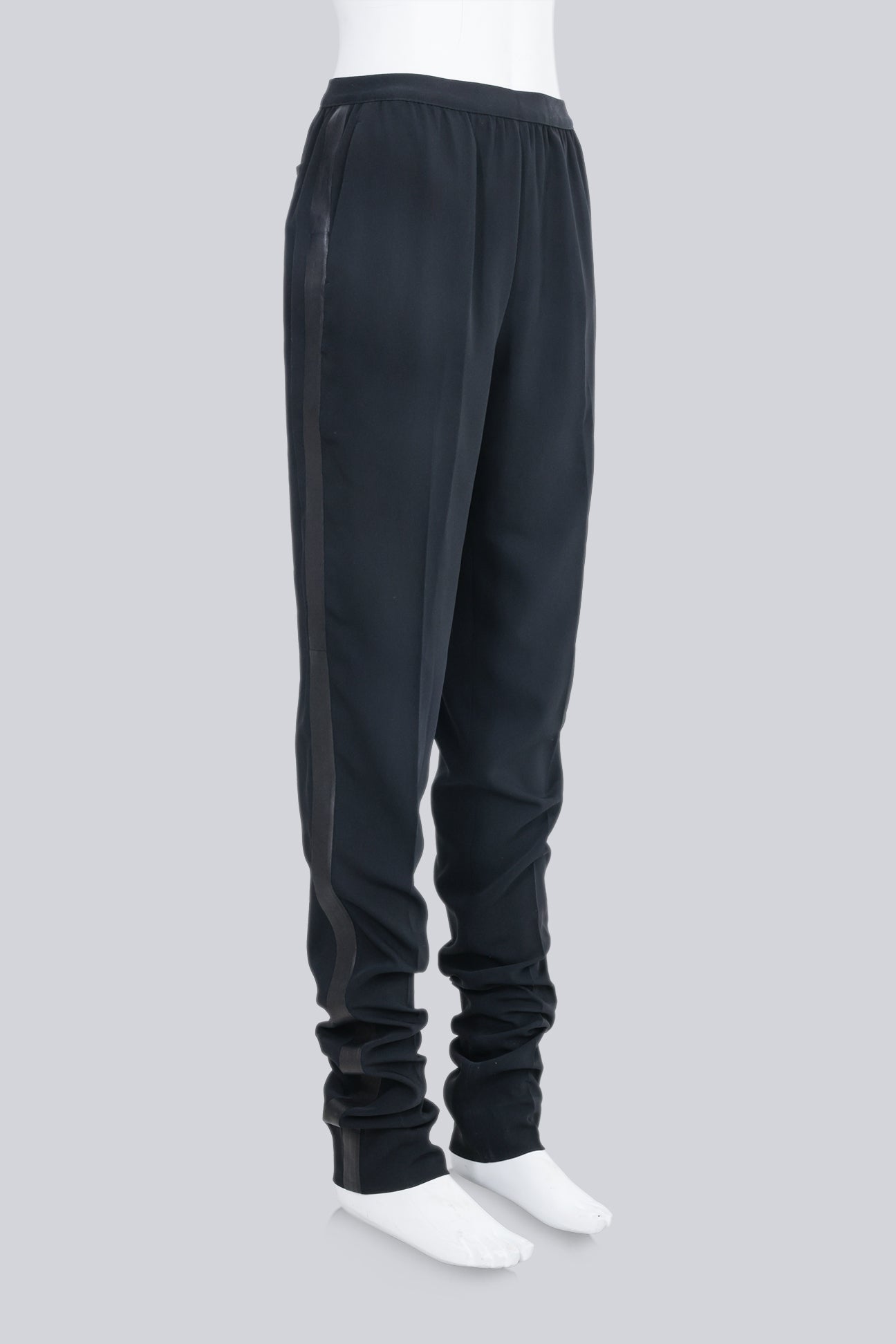 MAISON MARTIN MARGIELA - EXTENDED BLACK TROUSERS WITH GUNMETAL LEATHER STRIPE