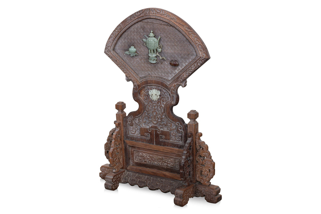 A JADE INSET CARVED HARDWOOD TABLE SCREEN