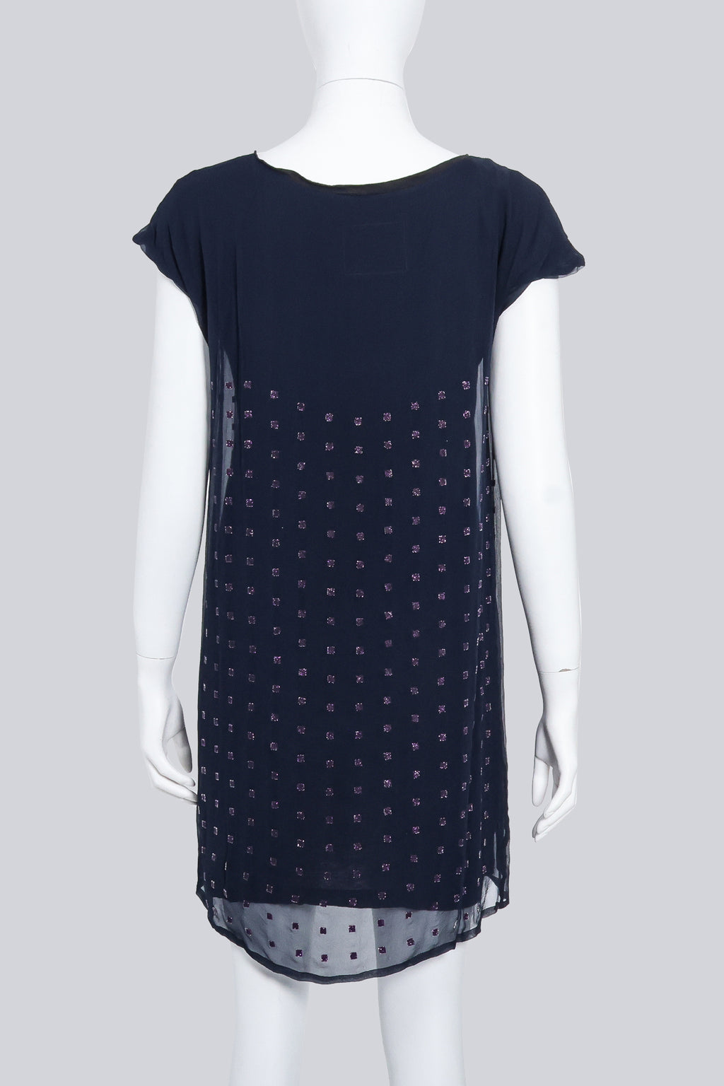 SACAI - A NAVY AND BLACK SILK-COTTON DRESS WITH PURPLE BEADED SQUARE MOTIF