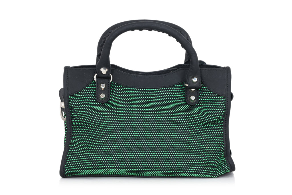 BALENCIAGA - A GREEN CANVAS & BLACK LEATHER MINI 'CITY'  BAG