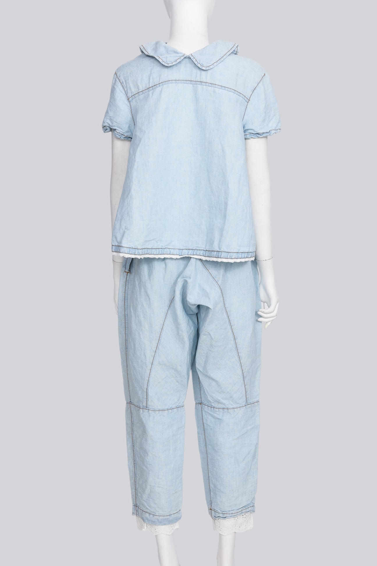COMME DES GARCONS TRICOT - A 2014 LINEN-COTTON BLEND BLUE BLOUSE AND MATCHING TROUSER ENSEMBLE