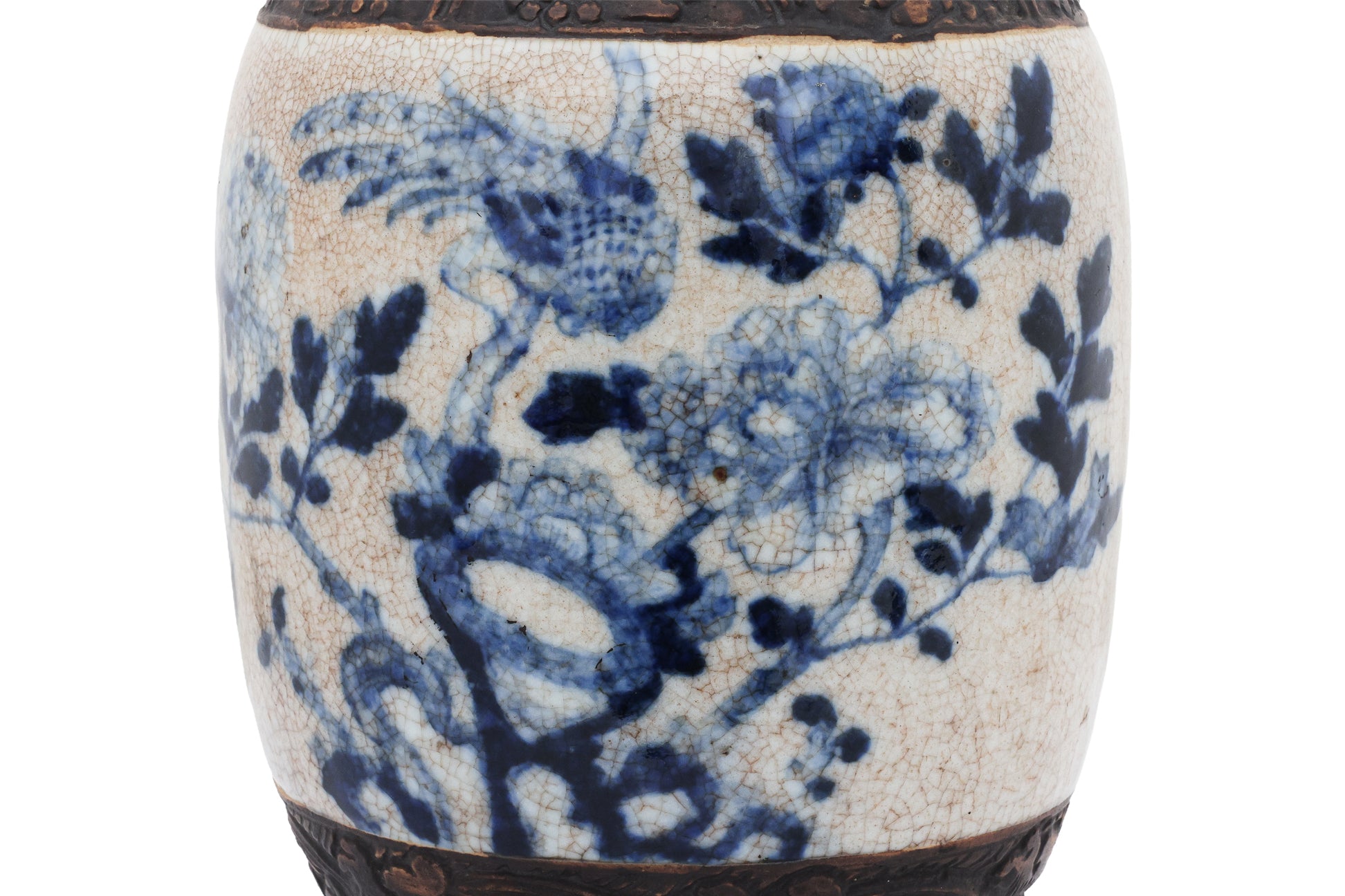 A LARGE NANKING BLUE AND WHITE BIRD AND FLOWER DECORATED VASE