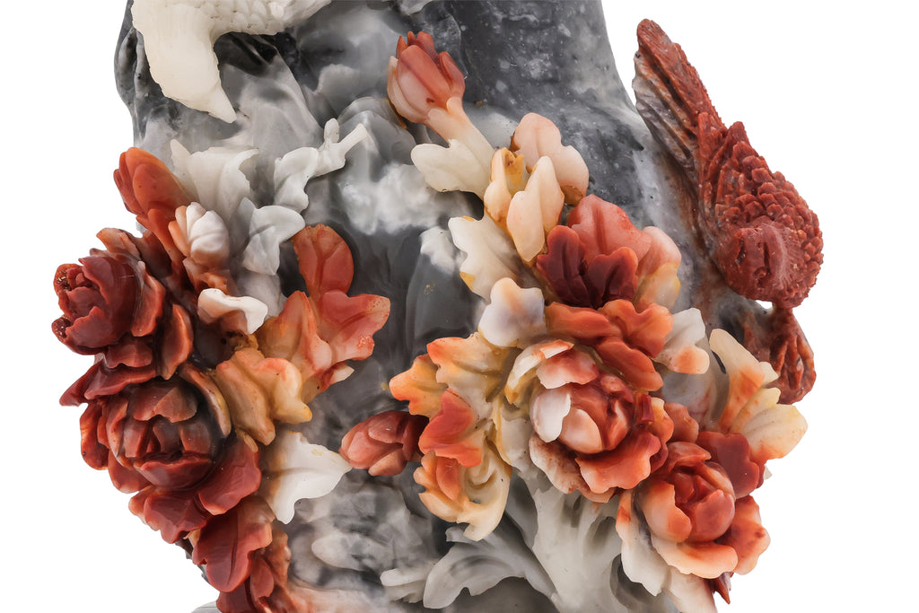 A SHOUSHAN STONE VASE WITH BIRDS AND PEONIES
