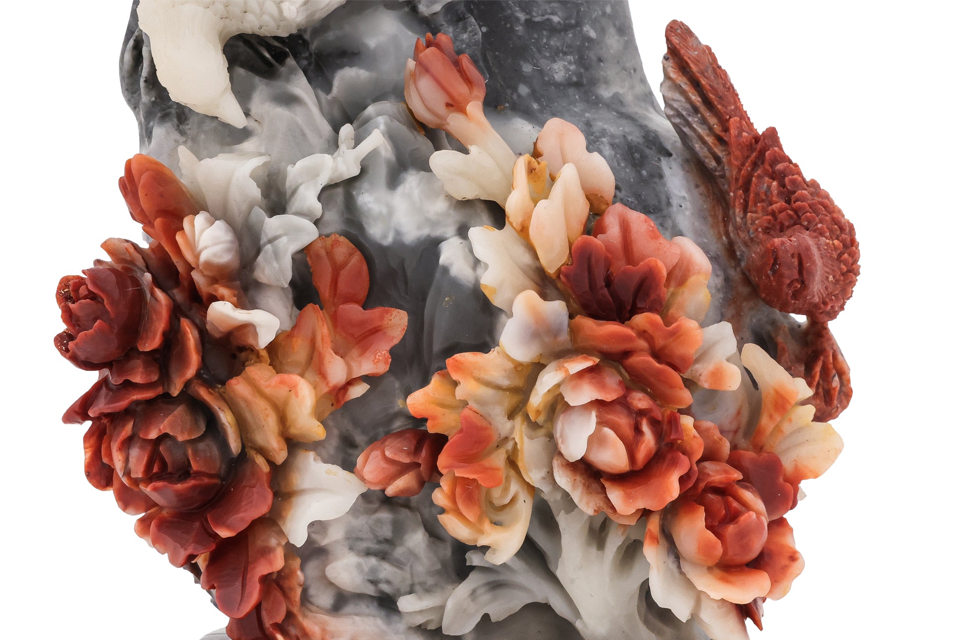 A SHOUSHAN STONE VASE WITH BIRDS AND PEONIES
