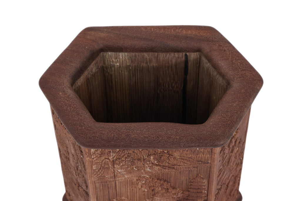 A HEXAGONAL BAMBOO AND HARDWOOD BRUSHPOT