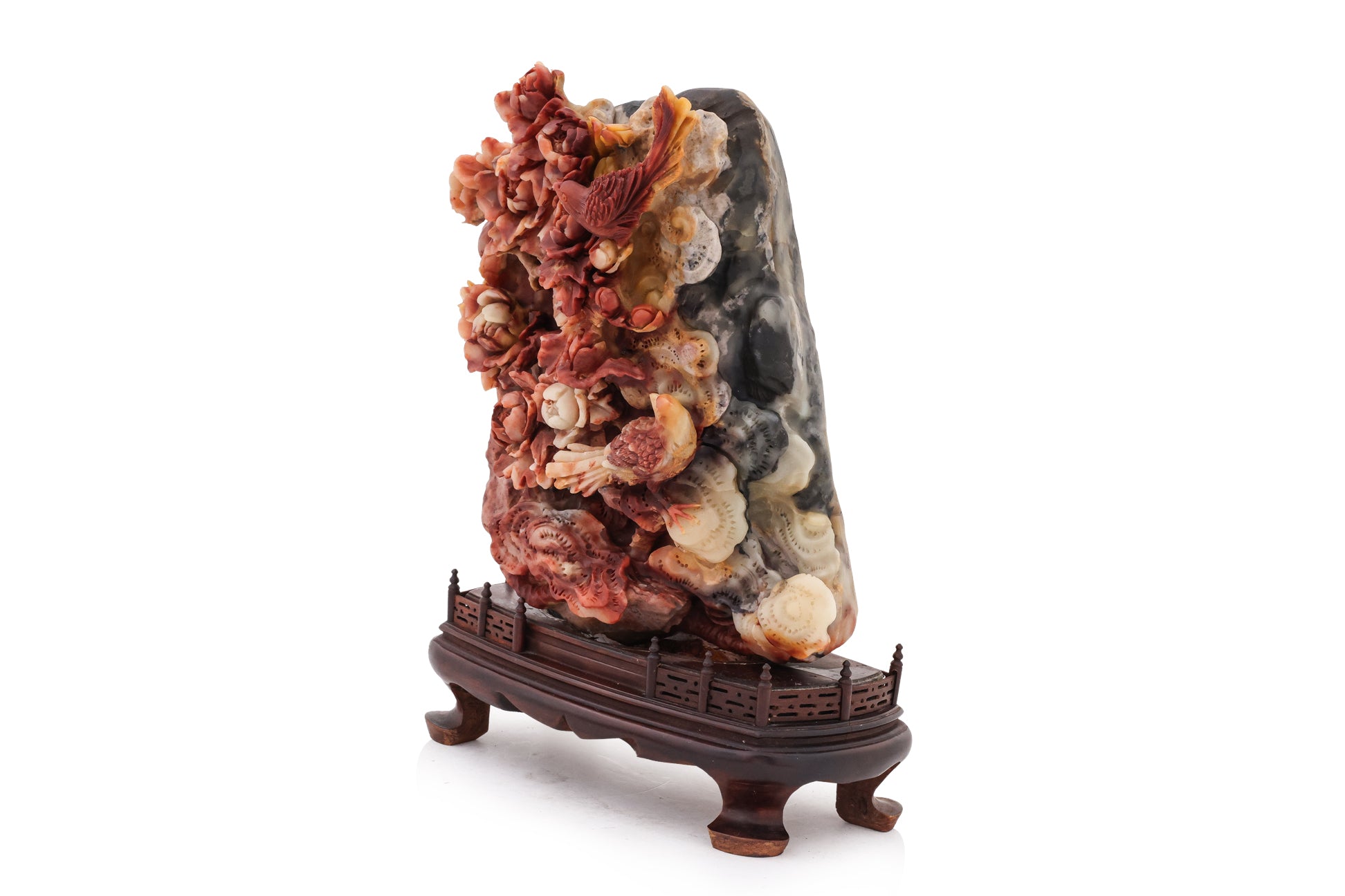A SHOUSHAN STONE BIRD AND PEONY GROUP