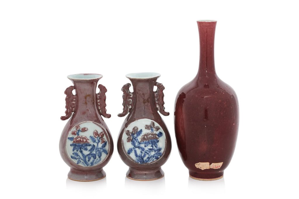 THREE UNDERGLAZE BLUE AND COPPER RED PORCELAIN VASES