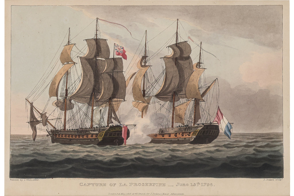 A GROUP OF SIX HAND-COLOURED ENGRAVINGS OF NAVAL BATTLES, JAMES JENKINS, C. 1830