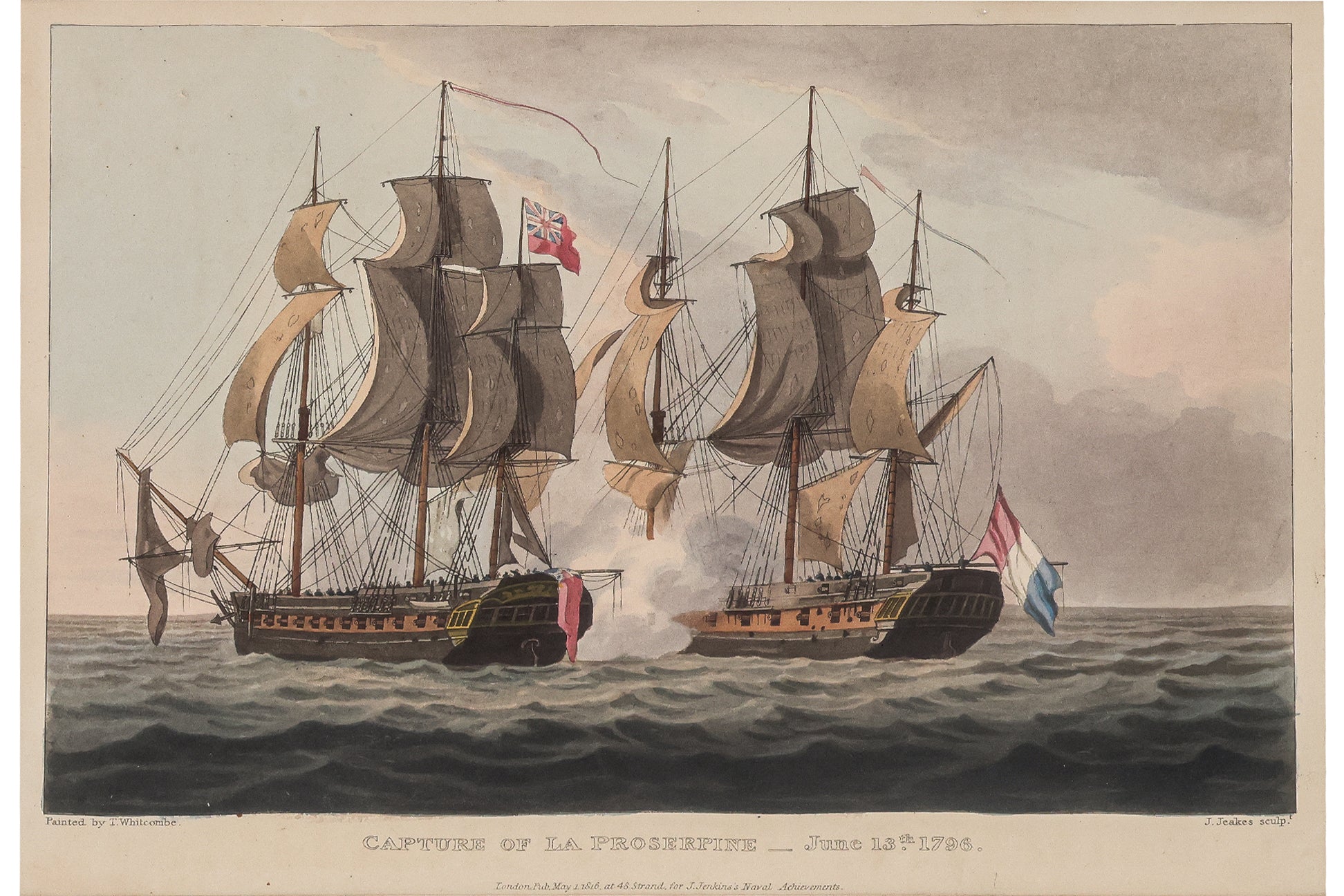 A GROUP OF SIX HAND-COLOURED ENGRAVINGS OF NAVAL BATTLES, JAMES JENKINS, C. 1830
