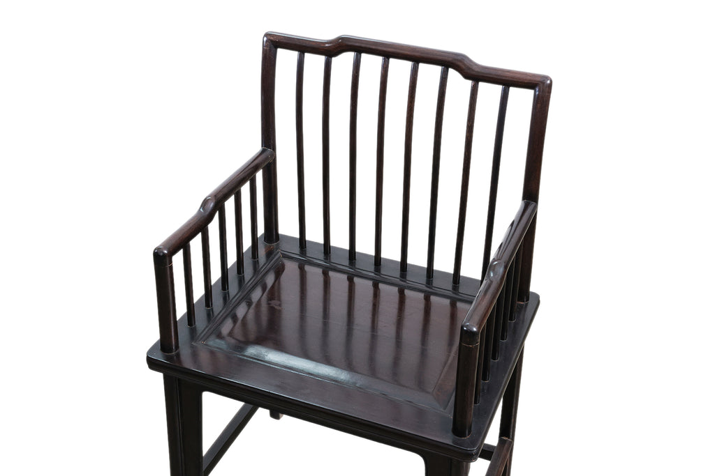 A PAIR OF RAIL BACK HARDWOOD ARMCHAIRS AND SIDE TABLE