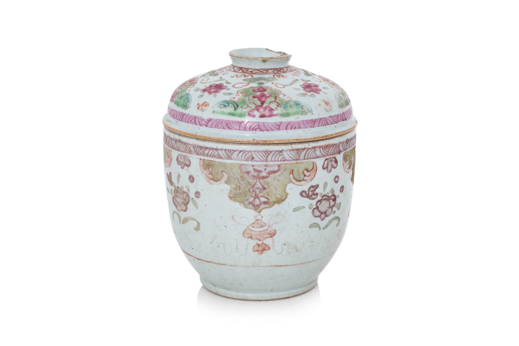 A LARGE POLYCHROME ENAMELLED BOWL AND COVER