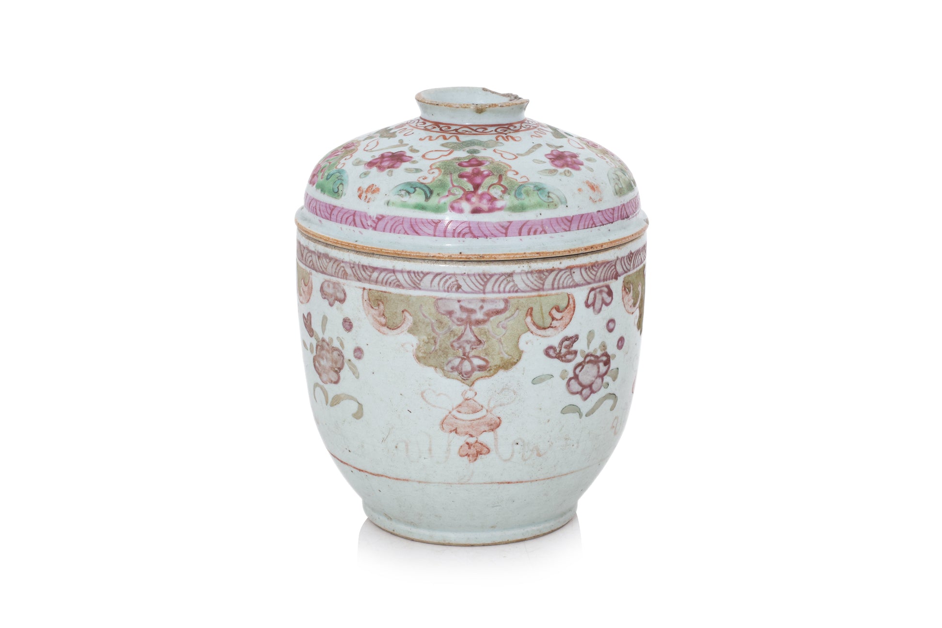 A LARGE POLYCHROME ENAMELLED BOWL AND COVER
