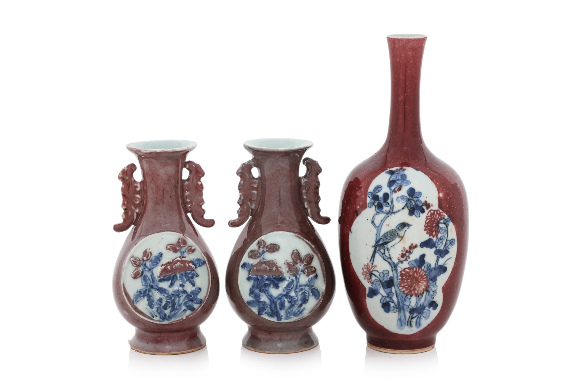 THREE UNDERGLAZE BLUE AND COPPER RED PORCELAIN VASES