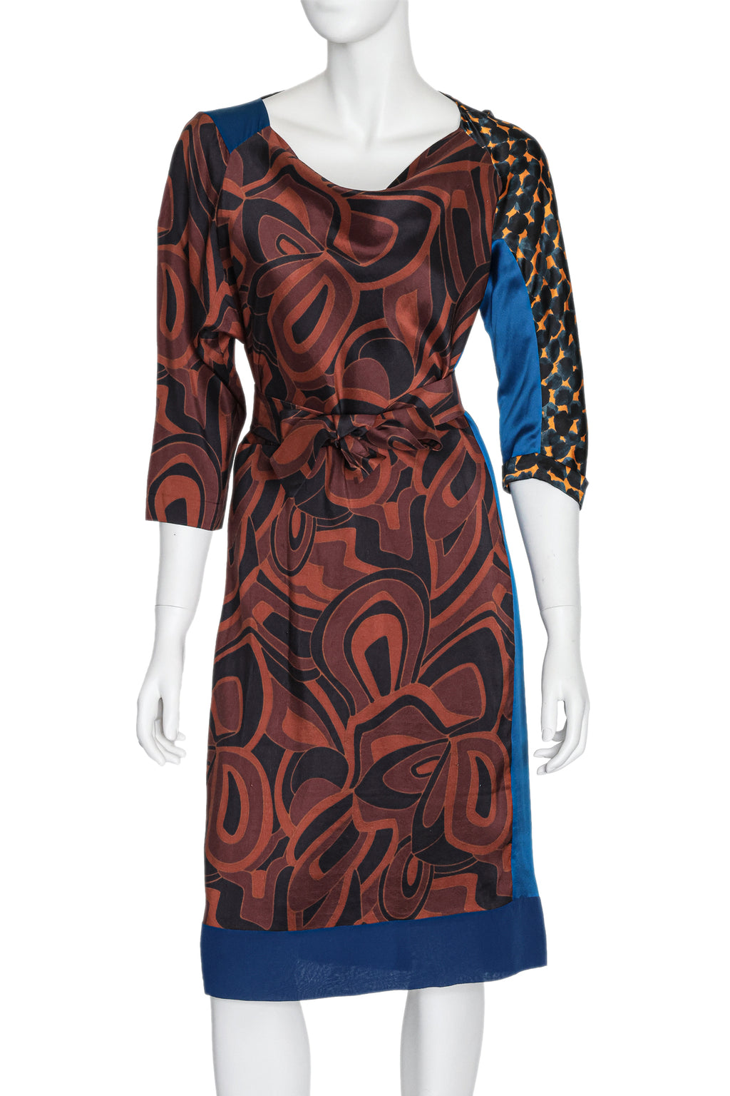 DRIES VAN NOTEN - AN ABSTRACT MULTI-PRINT SILK DRESS WITH MATCHING RIBBON BELT, F/W 2011