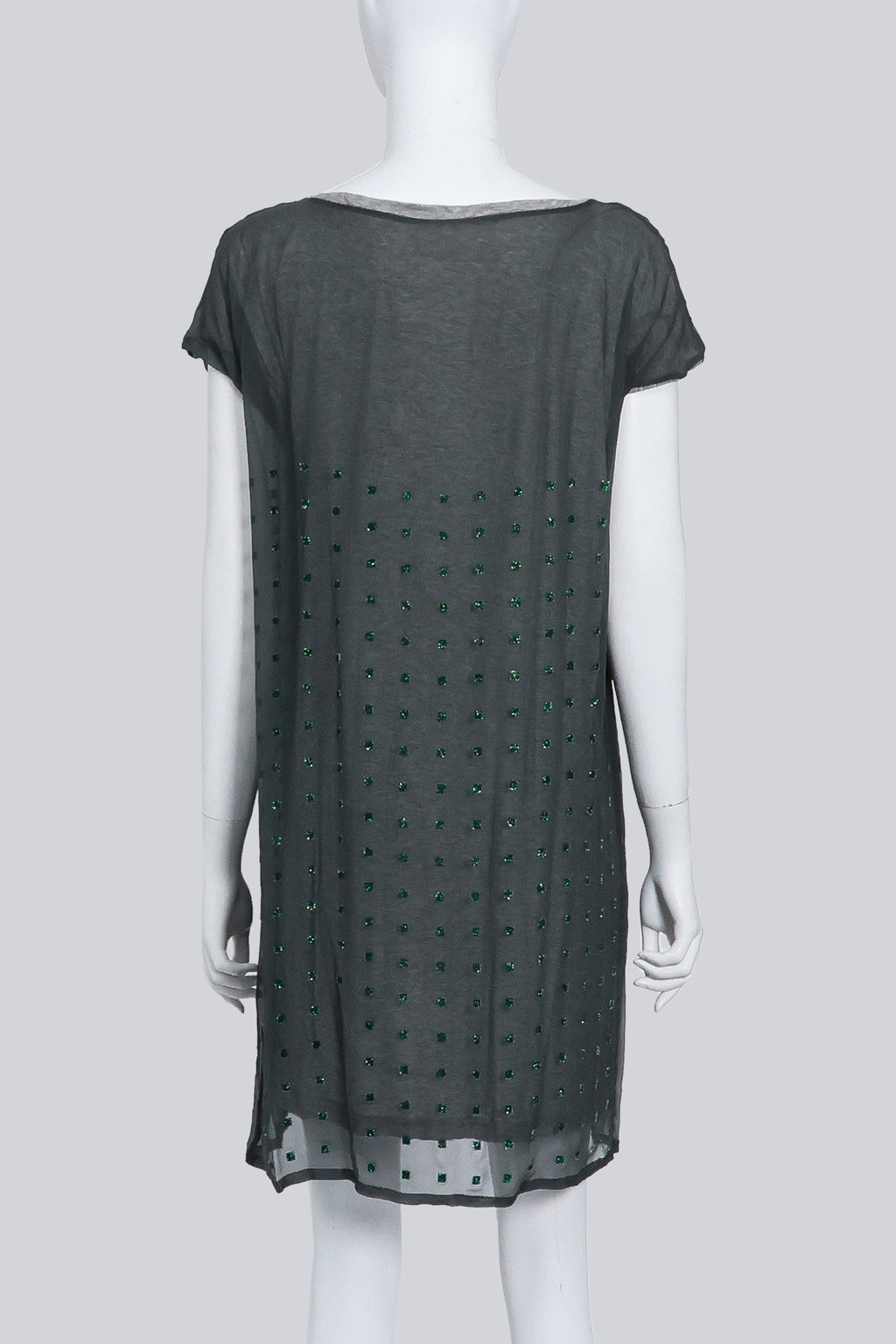SACAI - A GREEN AND GREY SILK-COTTON DRESS WITH BEADED SQUARE MOTIF